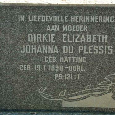 PLESSIS Dirkie Elizabeth Johanna, du nee HATTING 1890-