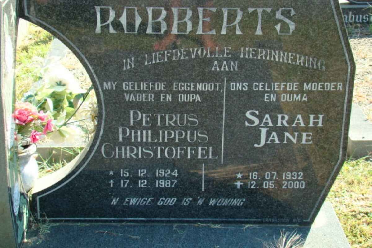 ROBBERTS Petrus Philippus Christoffel 1924-1987 &amp; Sarah Jane 1932-2000