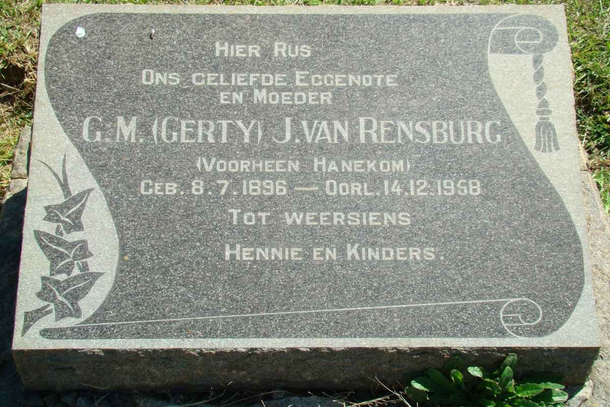 RENSBURG G.M., Janse van nee HANEKOM 1896-1958