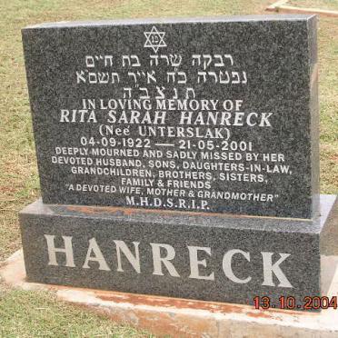 HANRECK Rita Sarah nee UNTERSLAK 1922-2001