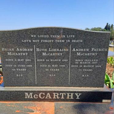 MCCARTHY Andrew Patrick 1927-1998 & Ruth Lorraine 1930-1998 :: MCCARTHY Brian Andrew 1955-1998