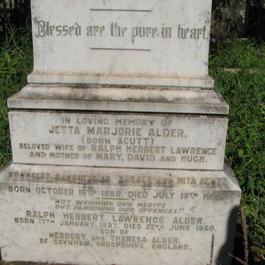 ALDER Ralph Herbert Lawrence 1883-1960 &amp; Jetta Marjorie ACUTT 1888-1965