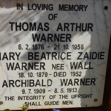 WARNER Thomas Arthur 1876-1956 :: WARNER Mary Beatrice Zaidie nee WALL 1870-1952 :: WARNER Archibald 1909-1913