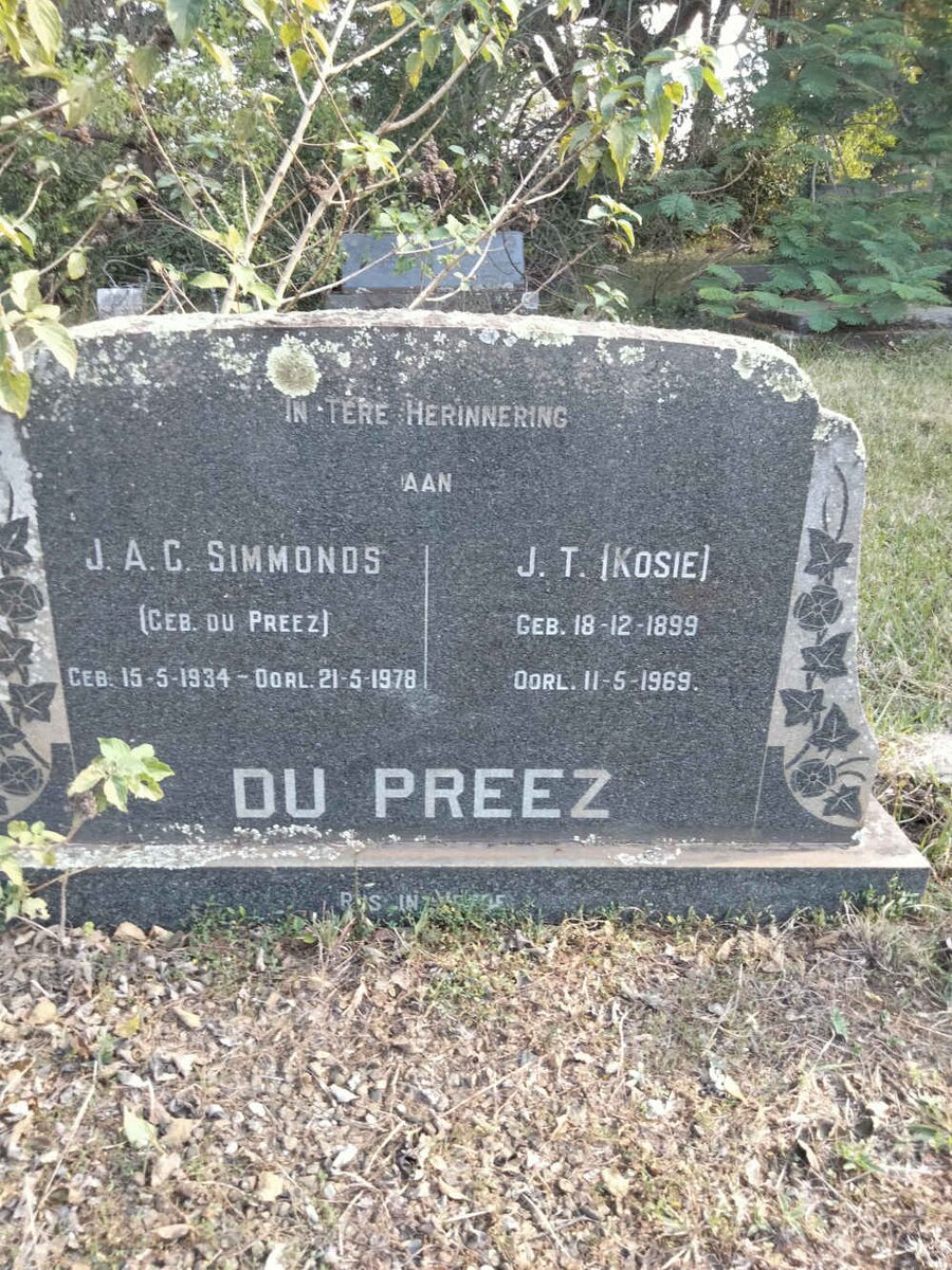 PREEZ J.T., du 1899-1969 :: SIMMONDS J.A.C. nee DU PREEZ 1934-1978