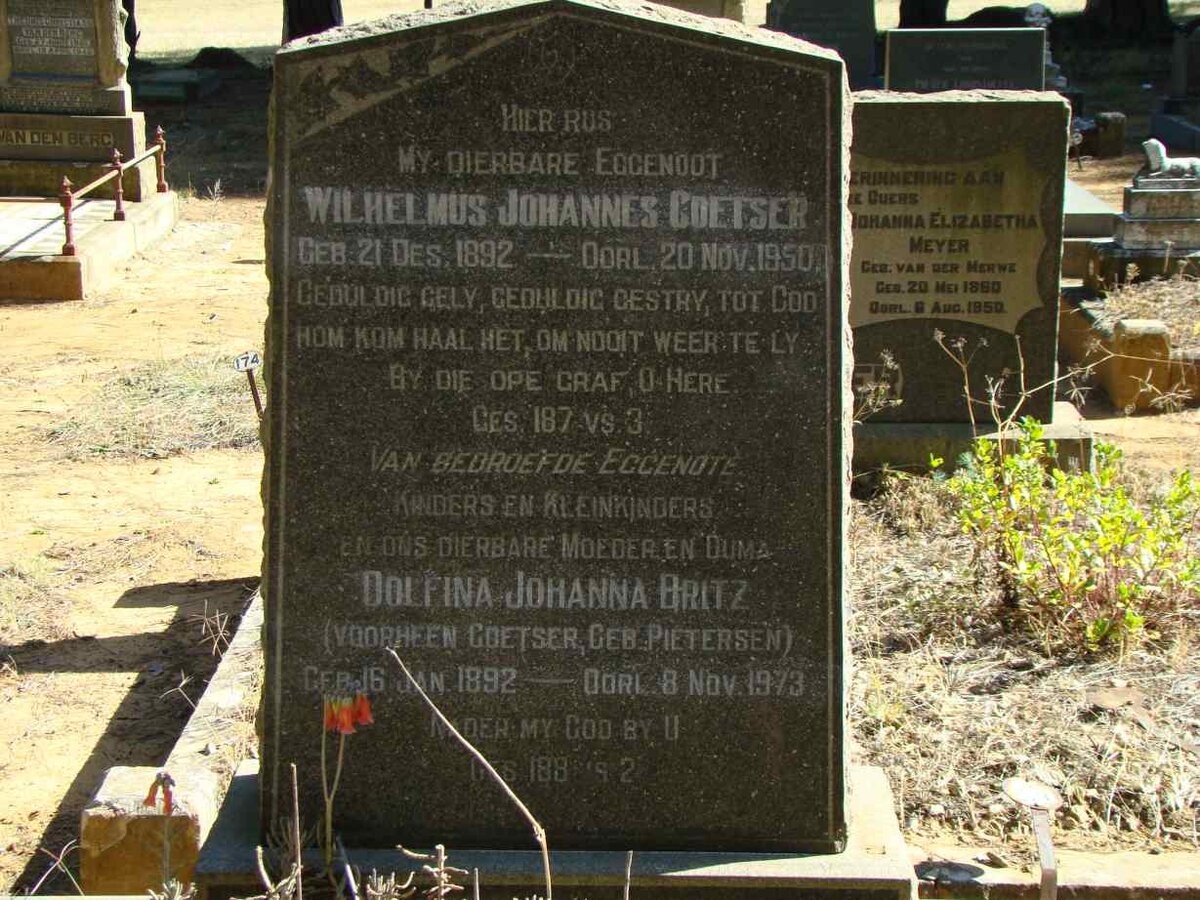 COETSER Wilhelmus Johannes 1892-1950 :: BRITZ Dolfina Johanna formerly COETSER nee PIETERSEN 1892-1973