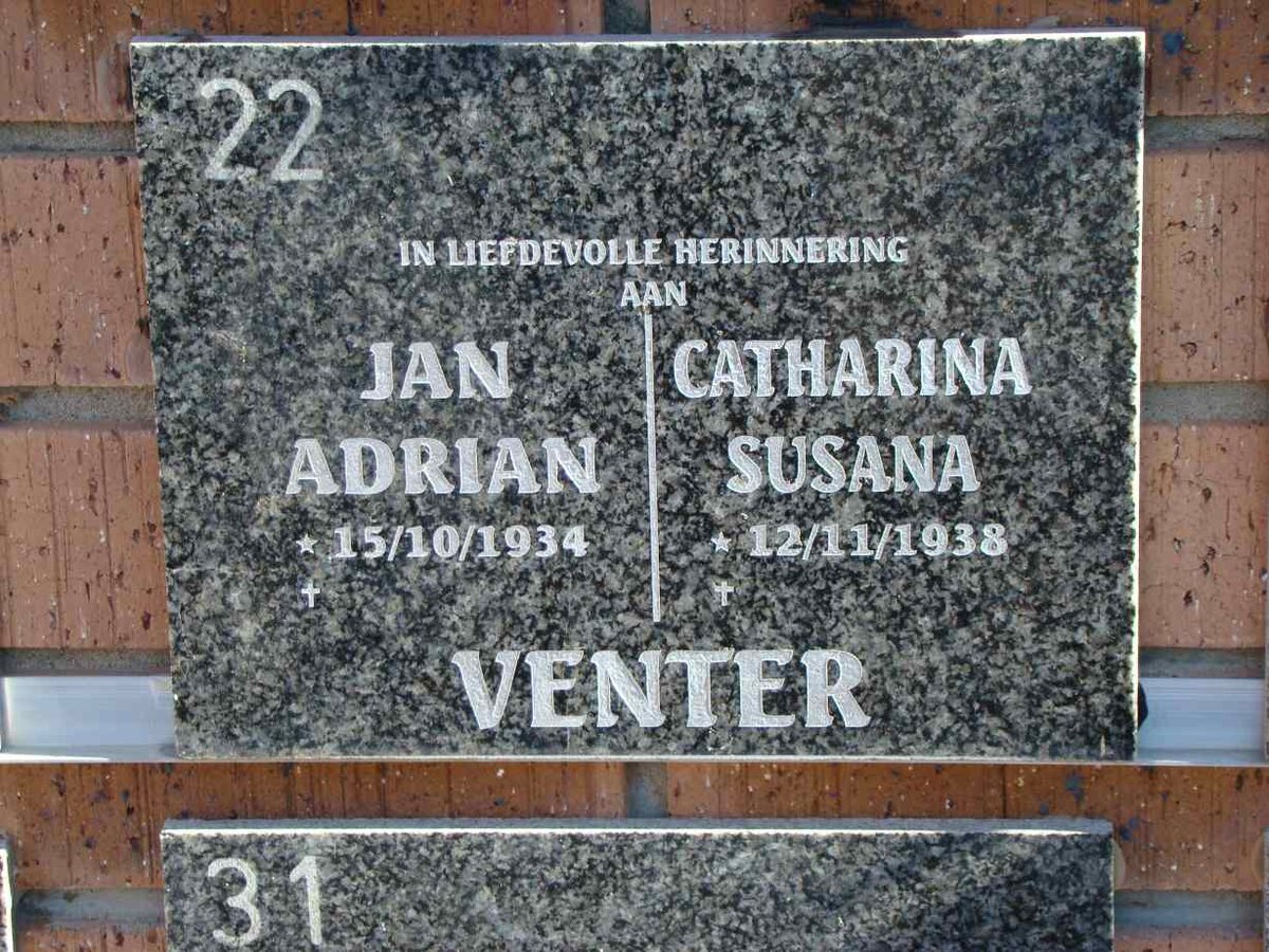 VENTER Jan Adrian 1934- &amp; Catharina Susana 1938-