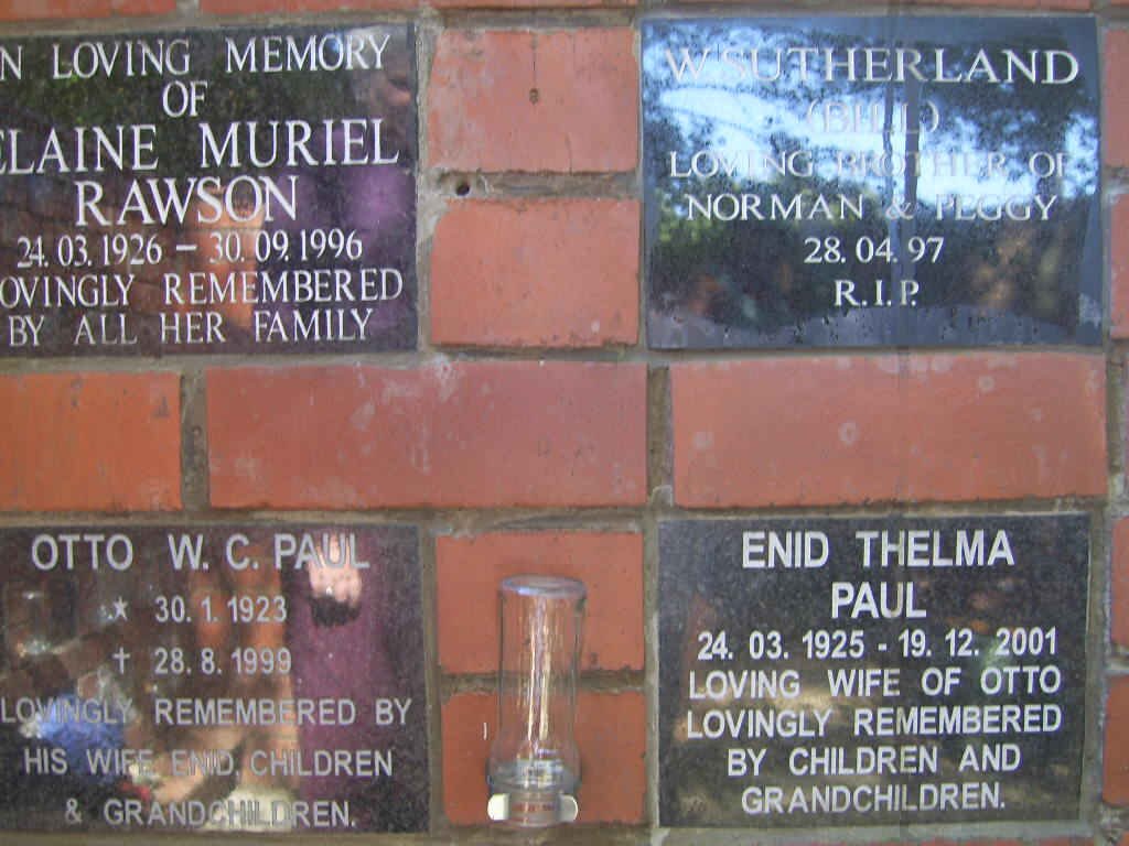 PAUL Otto W.C. 1923-1999 &amp; Enid Thelma 1925-2001 :: RAWSON Elaine Mauriel 1926-1996