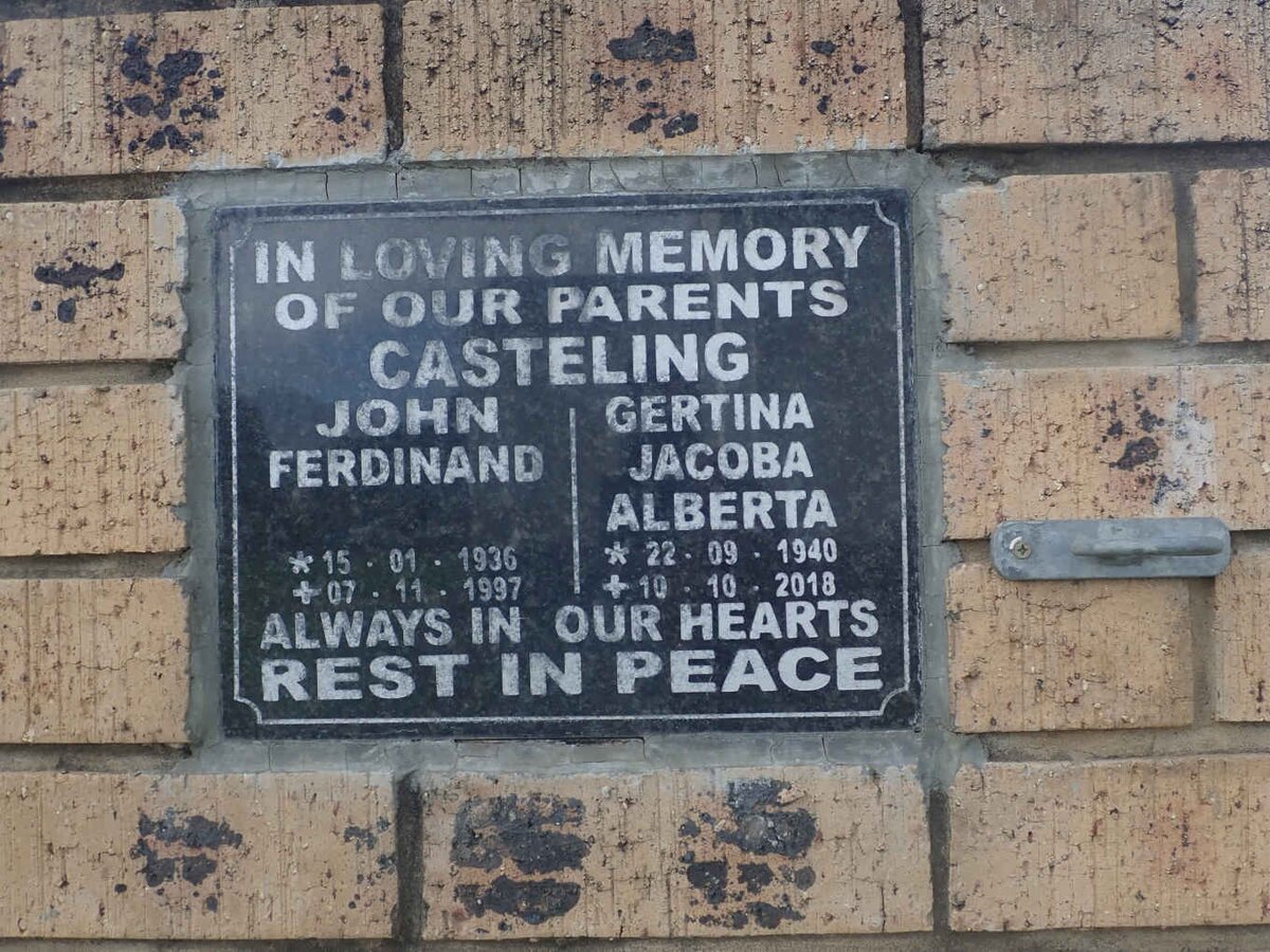CASTELING John Ferdinand 1936-1997 &amp; Gertina Jacoba Alberta 1940-2018