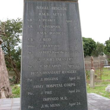 Naval Brigade, H.M.S. Boadicia, 13th Light Infantry, 88th Connaught Rangers, Army Hospital Corps, Isipingo M.R., N.N.C.