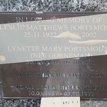 PORTSMOUTH Leslie Matthews 1922-2002 &amp; Lynette Mary GORNEMAN 1930-2003 :: PORTSMOUTH John Leslie 1957-1971