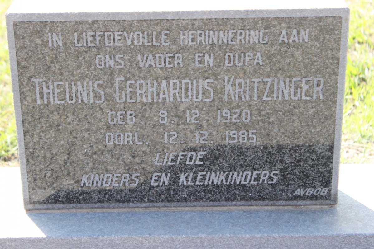 KRITZINGER Theunis Gerhardus 1920-1985
