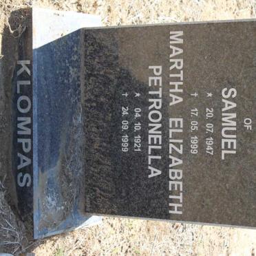 KLOMPAS Samuel 1947-1999 &amp; Martha Elizabeth Petronella 1921-1999