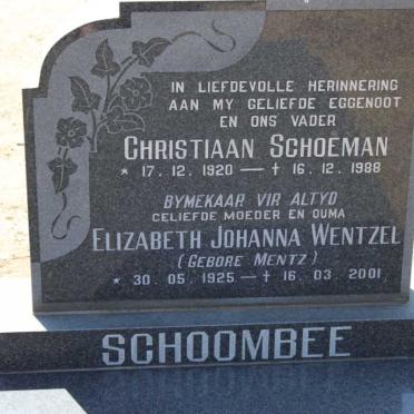 SCHOOMBEE Christiaan Schoeman 1920-1988 &amp; Elizabeth Johanna Wentzel MENTZ 1925-2001