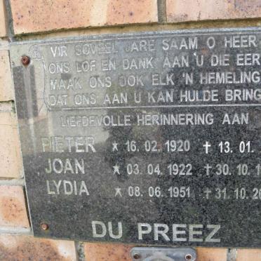PREEZ Pieter, du 1920-2010 &amp; Joan 1922-1999 :: DU PREEZ Lydia 1951-2005