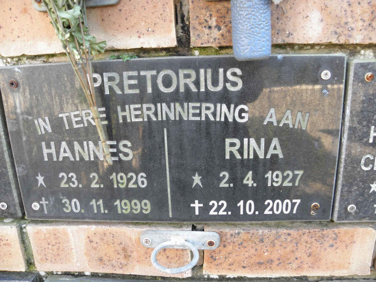 PRETORIUS Hannes 1926-1999 &amp; Rina 1927-2007