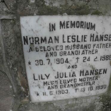 HANSEN Norman Leslie 1904-1986 &amp; Lily Julia 1903-1990
