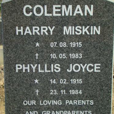 COLEMAN Harry Miskin 1915-1983 &amp; Phillis Joyce 1815-1984