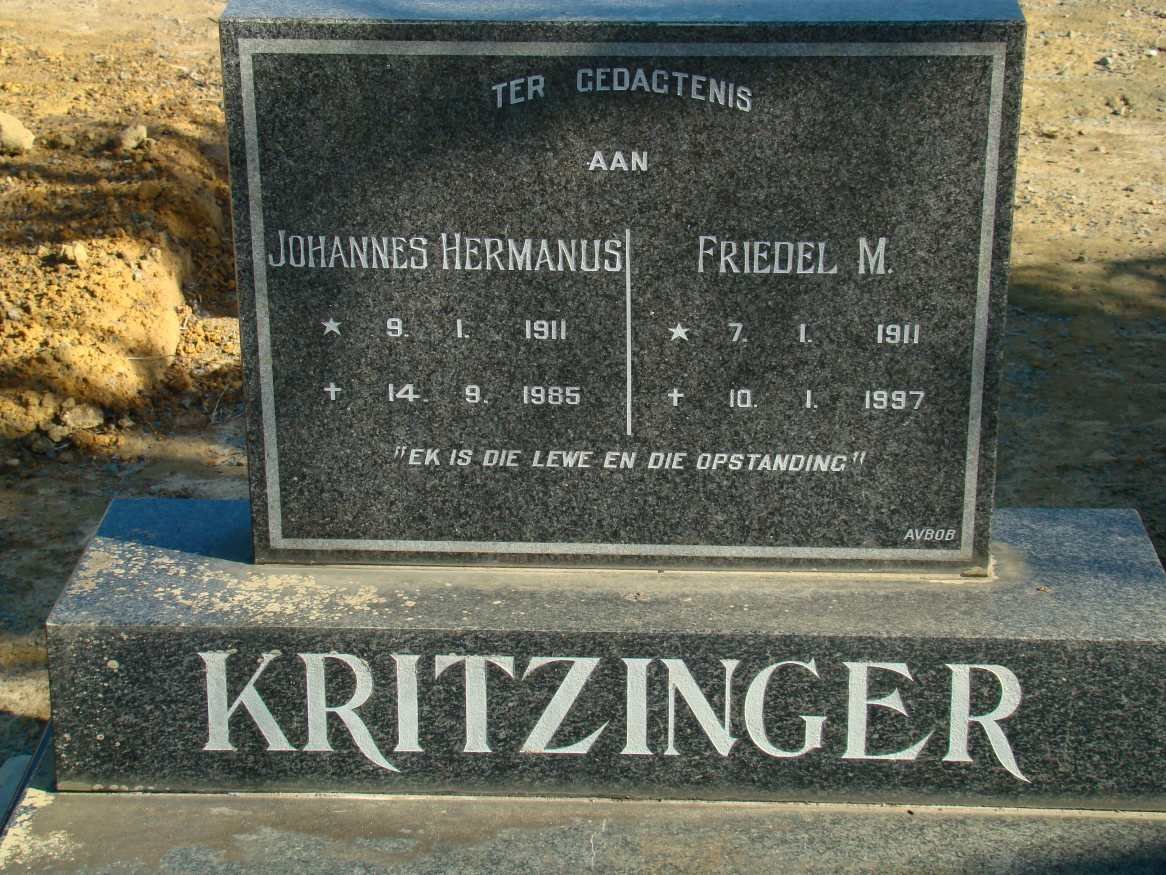 KRITZINGER Johannes Hermanus 1911-1985 &amp; Friedel M. 1911-1997