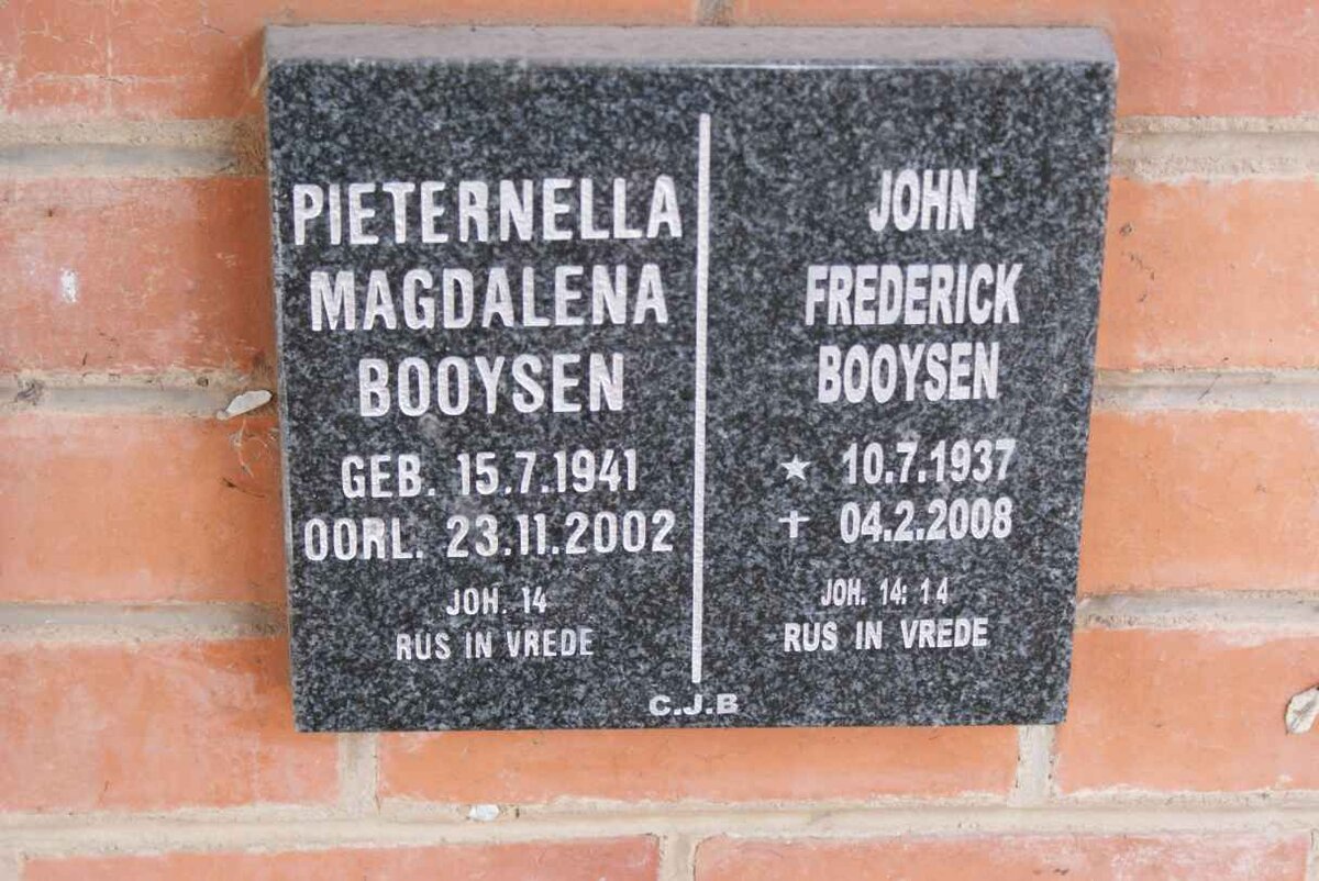 BOOYSEN John Frederick 1937-2008 &amp; Pieternella Magdalena 1941-2002