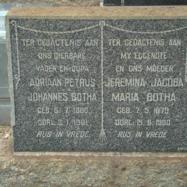 BOTHA Adriaan Johannes 1880-1961 &amp; Jeremina Jacoba Maria 1879-1960