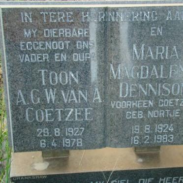 COETZEE A.G.W. van A. 1927-1978 :: DENNISON Maria Magdalena formerly COETZEE nee NORTJE 1924-1983