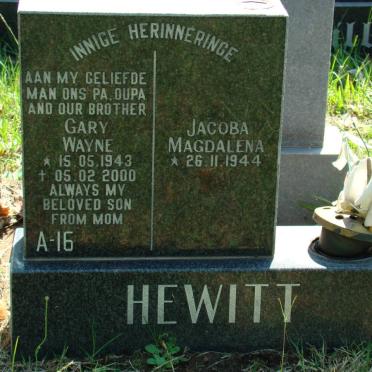 HEWITT Gary Wayne 1943-2000 &amp; Jacoba Magdalena 1944-