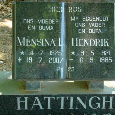 HATTINGH Hendrik 1921-1985 &amp; Mensina E. 1925-2007