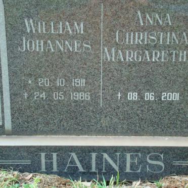 HAINES William Johannes 1911-1986 &amp; Anna Christina Margaretha -2001