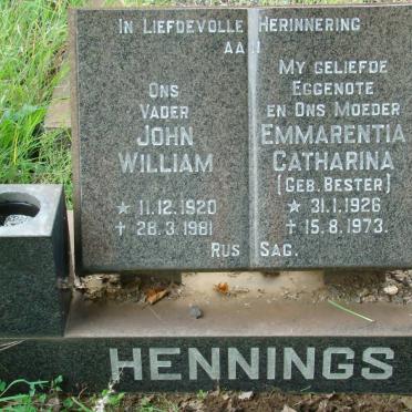 HENNINGS John William 1920-1981 &amp; Emmarentia Catharina BESTER 1926-1973