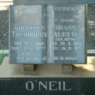 O'NEIL Johannes Theodorus 1889-1977 &amp; Johanna Aletta BOTHA 1894-1974