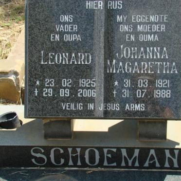 SCHOEMAN Leonard 1925-2006 &amp; Johanna Magaretha 1921-1988