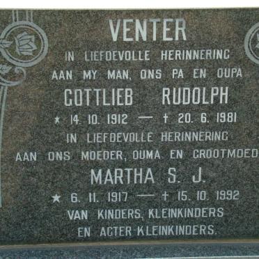 VENTER Gotlieb Rudolph 1912-1981 &amp; Martha S.J. 1917-1992