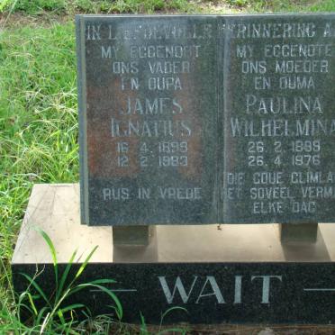 WAIT James Ignatius 1899-1983 &amp; Paulina Wilhelmina 1899-1976