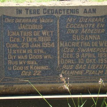 WET Jacobus Ignatius, de 1886-1954 &amp; Susanna Magrietha SWANEPOEL 1896-1952