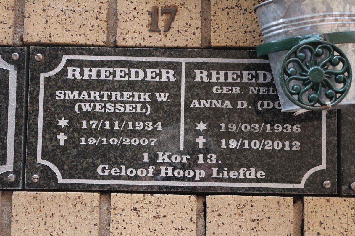 RHEEDER Smartreik W. 1934-2007 &amp; Anna D NEL 1936-2012