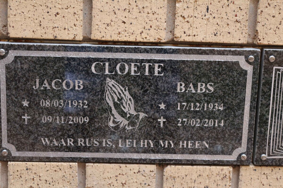 CLOETE Jacob 1932-2009 &amp; Babs 1934-2014