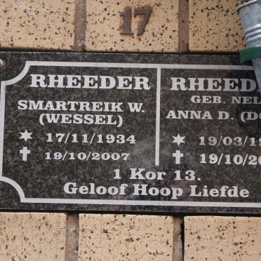 RHEEDER Smartreik W. 1934-2007 &amp; Anna D NEL 1936-2012
