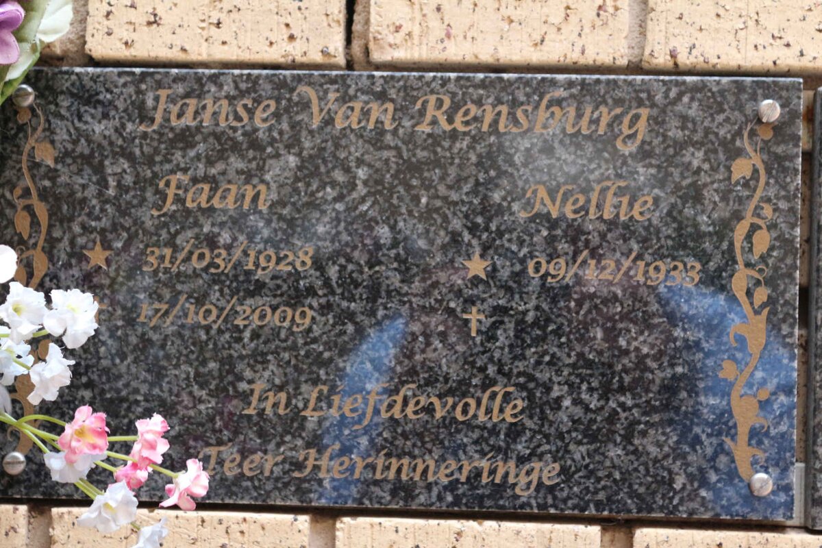 RENSBURG Faan, Jansen van 1928-2009 &amp; Nellie 1933-