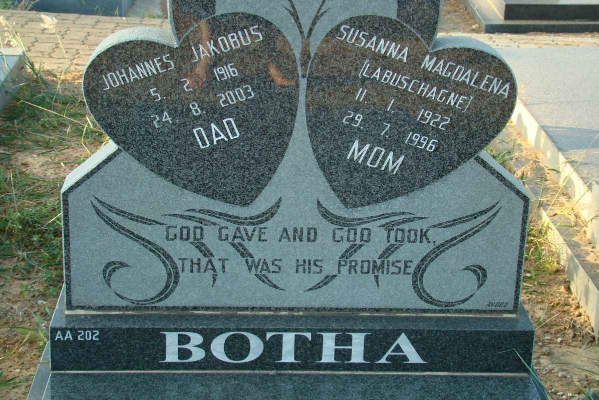 BOTHA Johannes Jakobus 1916-2003 &amp; Susanna Magdalena LABUSCHAGNE 1922-1996