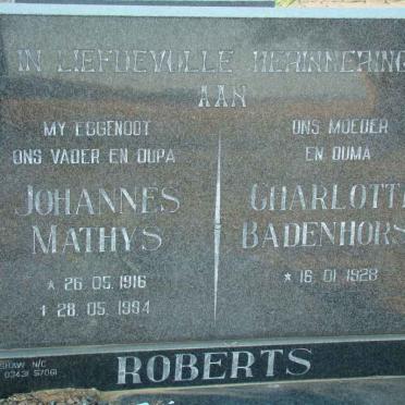 ROBERTS Johannes Mathys 1916-1994 &amp; Charlotte Badenhorst 1928-
