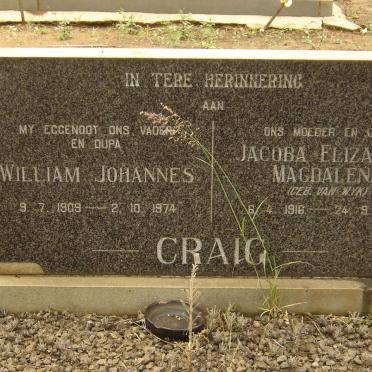 CRAIG William Johannes 1909-1974 &amp; Jacoba Elizabeth Magdalena VAN WYK 1916-1977