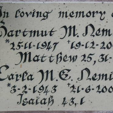 NEMITZ Hartmut M. 1947-2004 &amp; Carla M.E. 1943-2008