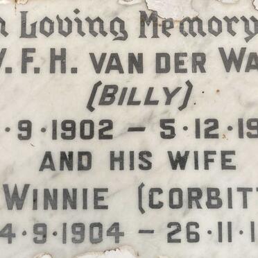 MERWE W.F.H., van der 1902-1960 & Winnie CORBITT 1904-1970