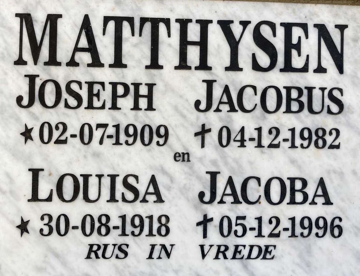 MATTHYSEN Joseph Jacobus 1909-1982 & Louisa Jacoba 1918-1996