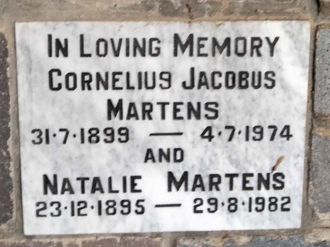 MARTENS Cornelius Jacobus 1899-1974 & Natalie 1895-1982