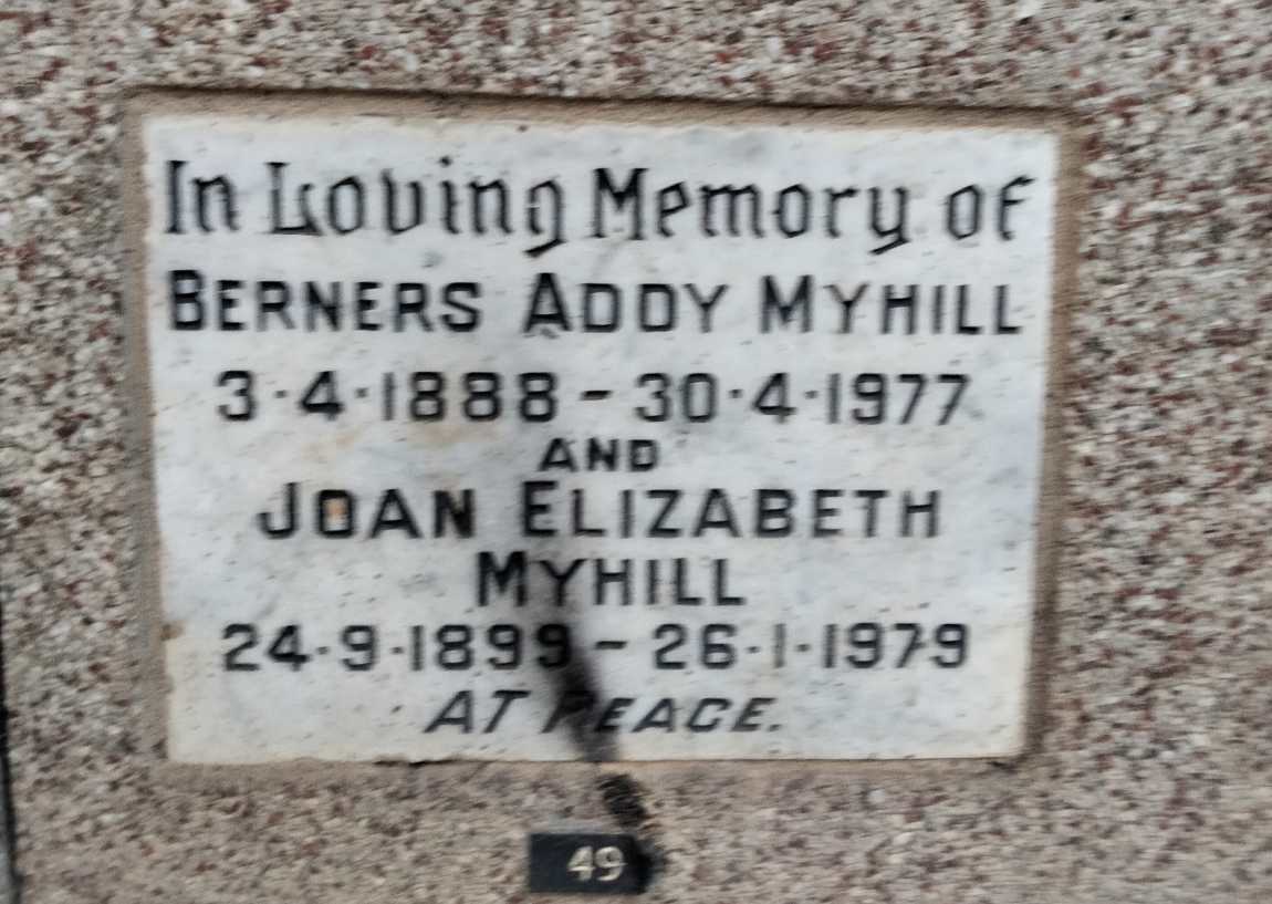 MYHILL Berners Addy 1888-1977 & Joan Elizabeth 1899-1979