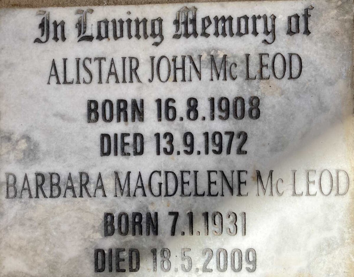 MCLEOD Alistair John 1908-1972 & Barbara Magdelene 1931-2009