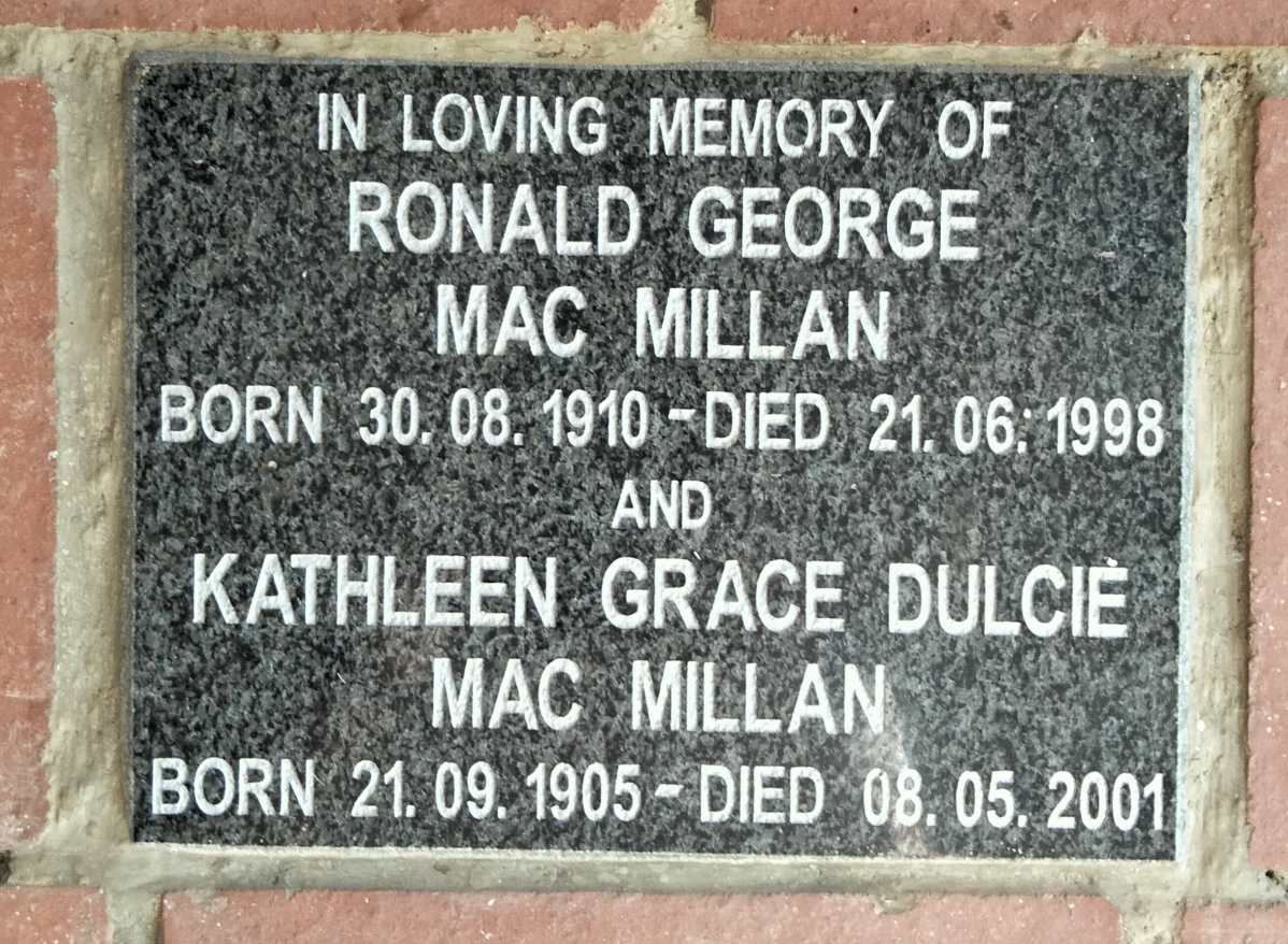 MACMILLAN Ronald George 1910-1998 & Kathleen Grace Dulcie 1905-2001