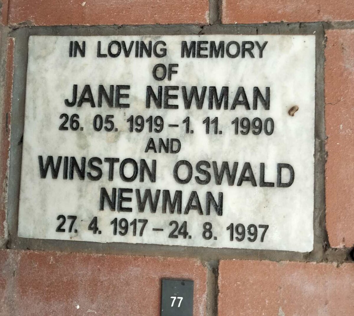 NEWMAN Winston Oswald 1917-1997 & Jane 1919-1990