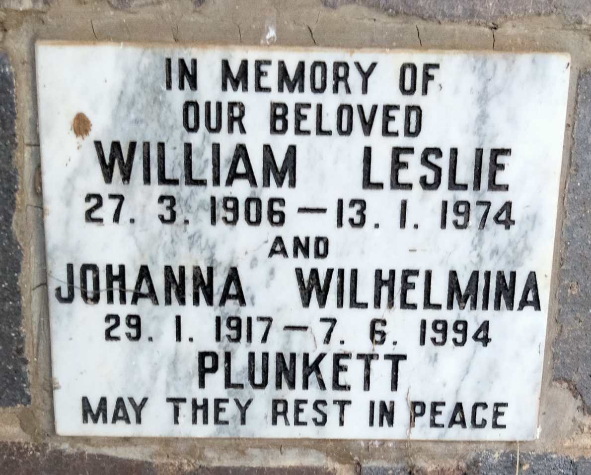 PLUNKETT William Leslie 1906-1974 & Johanna Wilhelmina 1917-1994